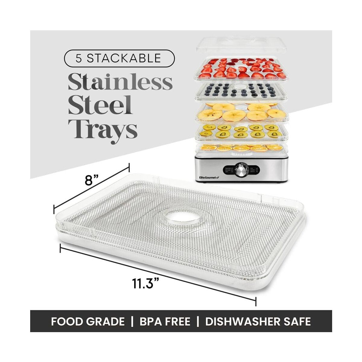 Elite Gourmet 5 Tray Stainless Steel Food Dehydrator with Temp Controls
