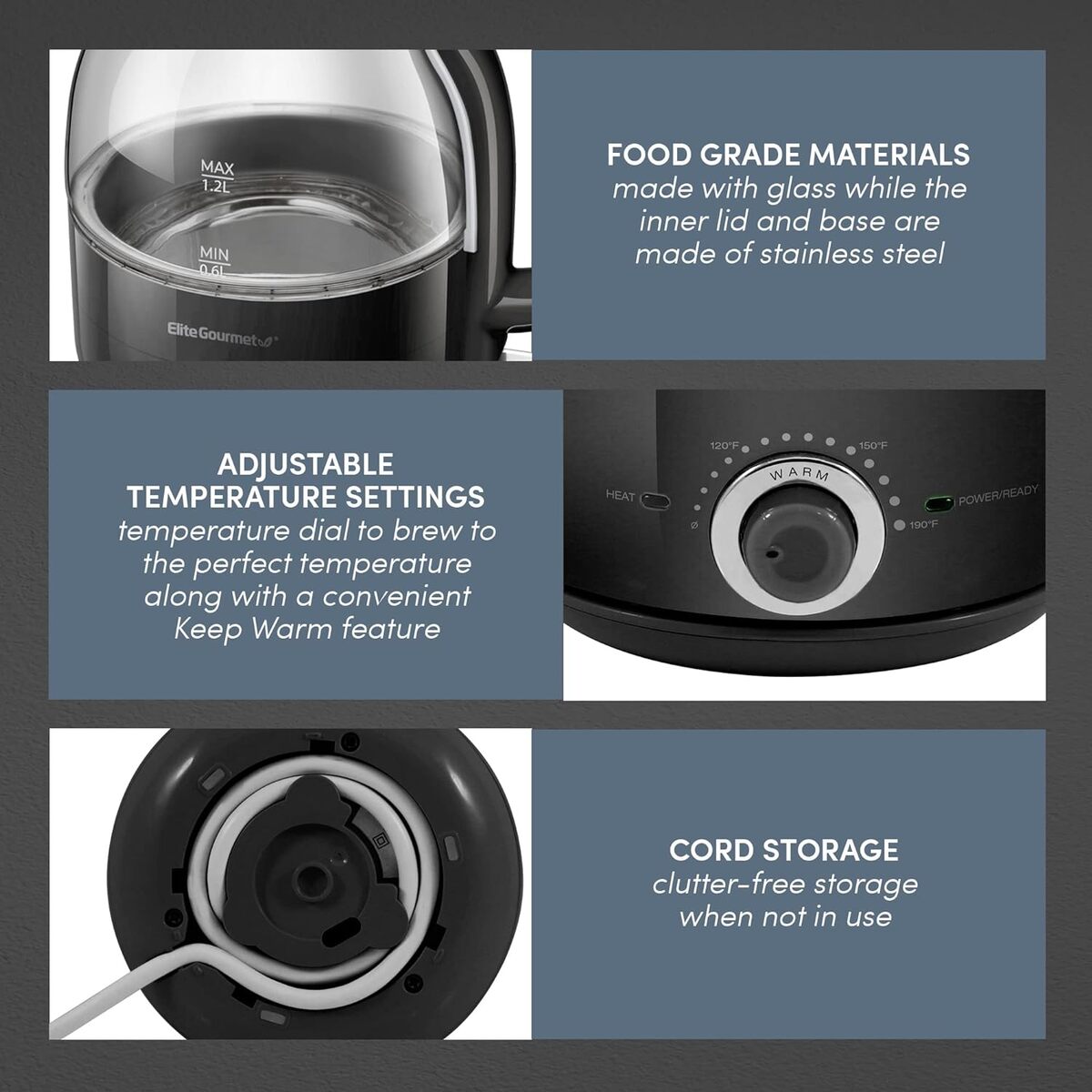 Elite Gourmet 1.2L Electric Kettle with Temperature Settings & Keep Warm