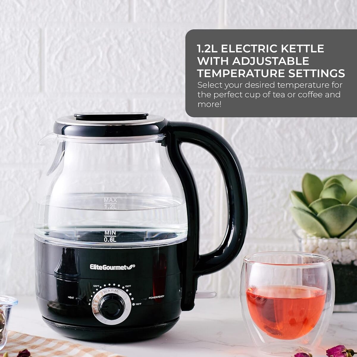 Elite Gourmet 1.2L Electric Kettle with Temperature Settings & Keep Warm