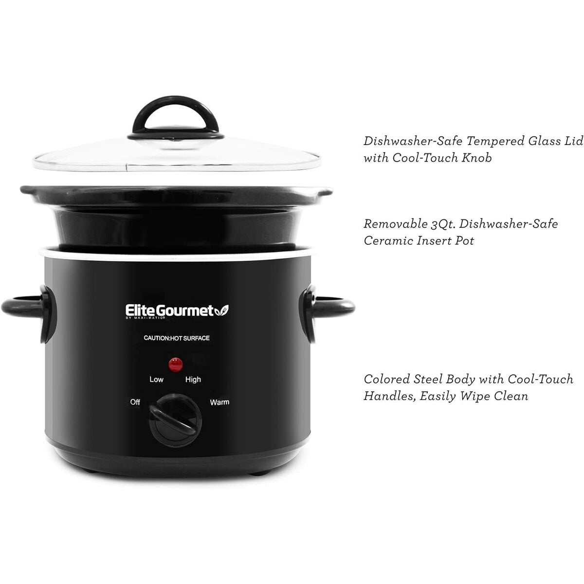 Elite Gourmet 3 Quart Black Slow Cooker