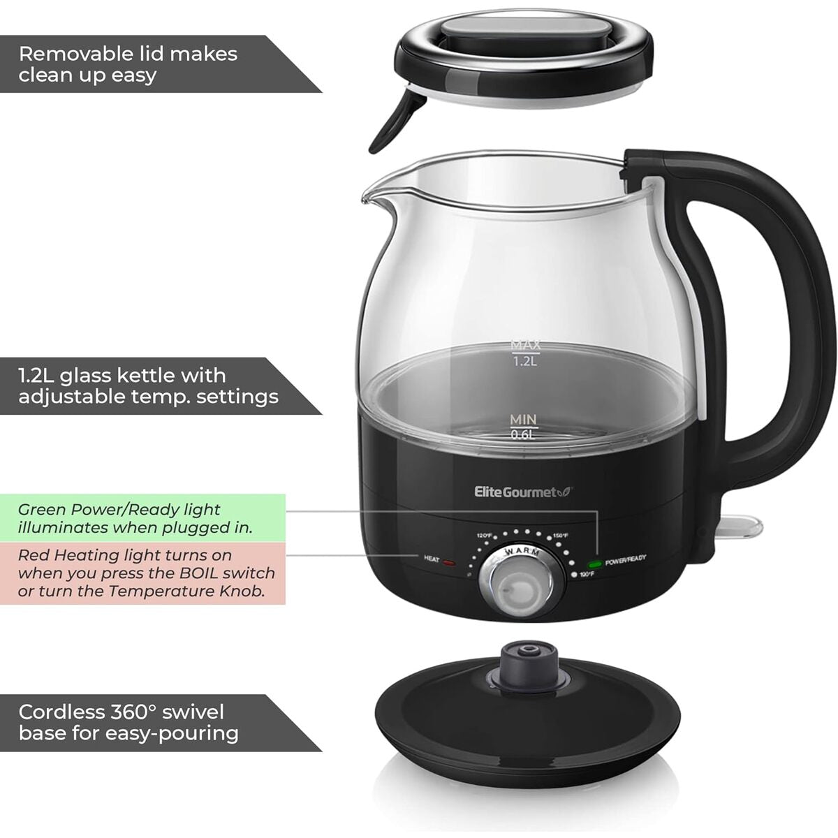 Elite Gourmet 1.2L Electric Kettle with Temperature Settings & Keep Warm
