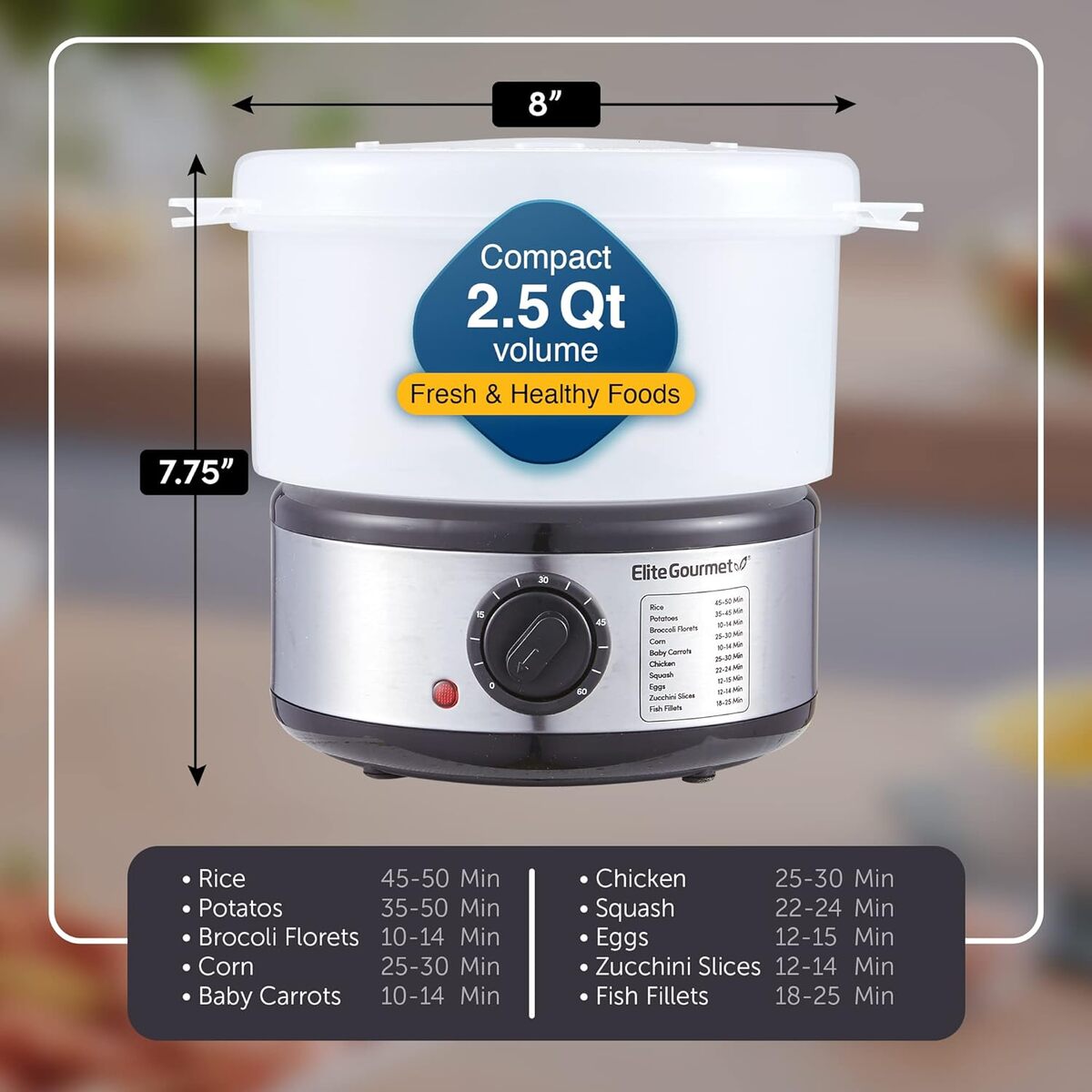 Elite Gourmet 2.5 Quart Stainless Steel 1 Tier Food Steamer