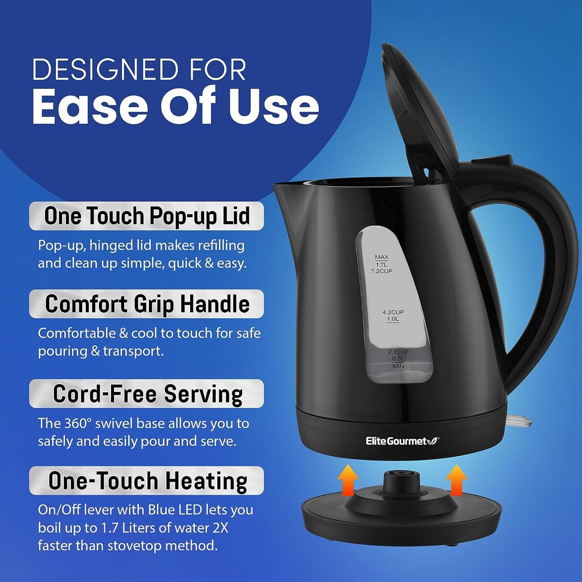 Elite Gourmet 1.7 Liter Cordless Plastic Water Kettle