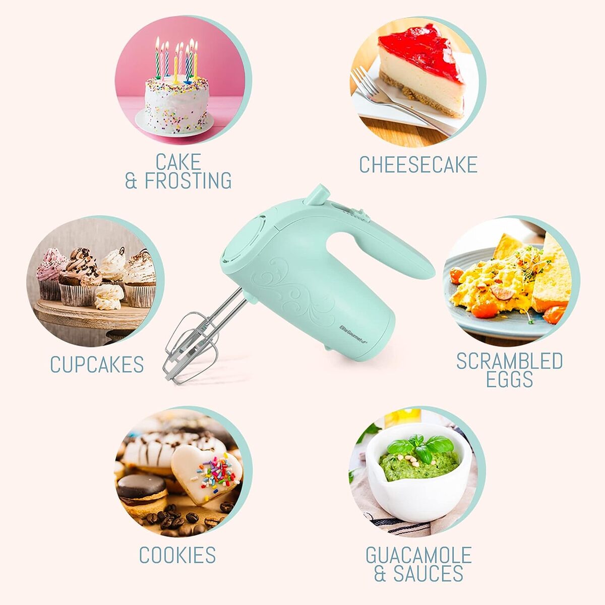 Elite Gourmet 150W 5 Speed Hand Mixer with Holder