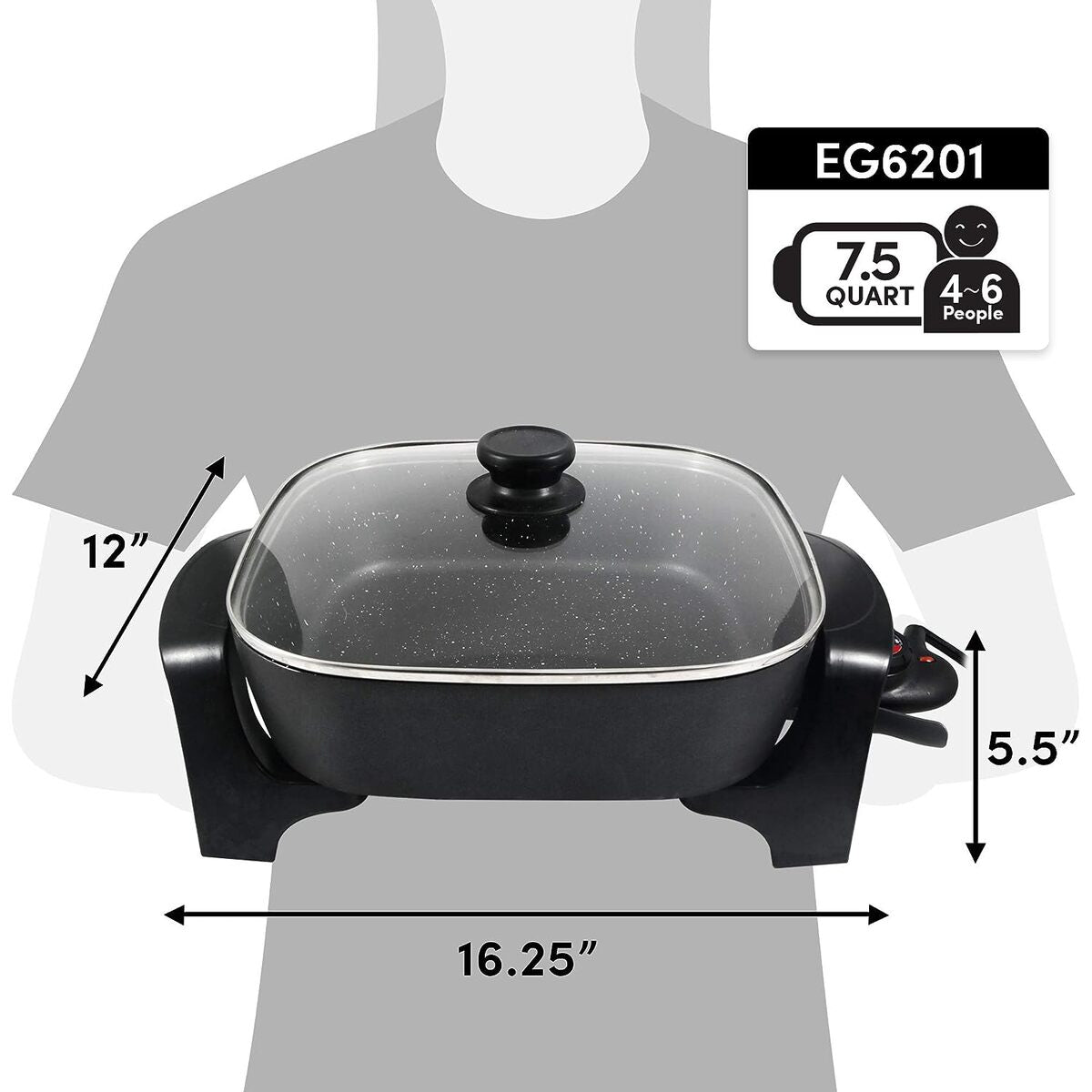 Elite Gourmet 12 x 12 x 3 Electric Skillet, Dishwasher Safe