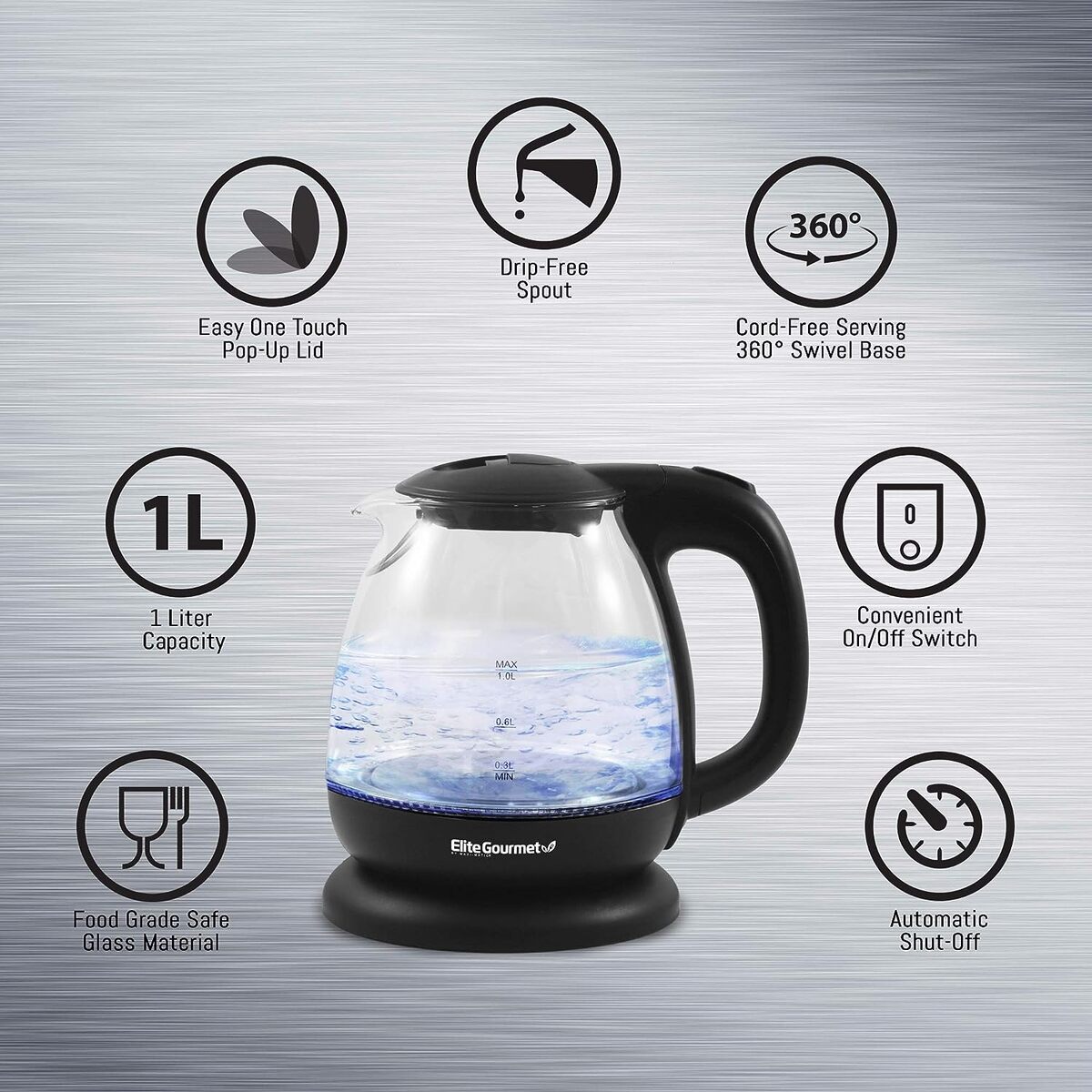 Elite Gourmet 1.0 Liter Cordless Water Kettle with Blue Light
