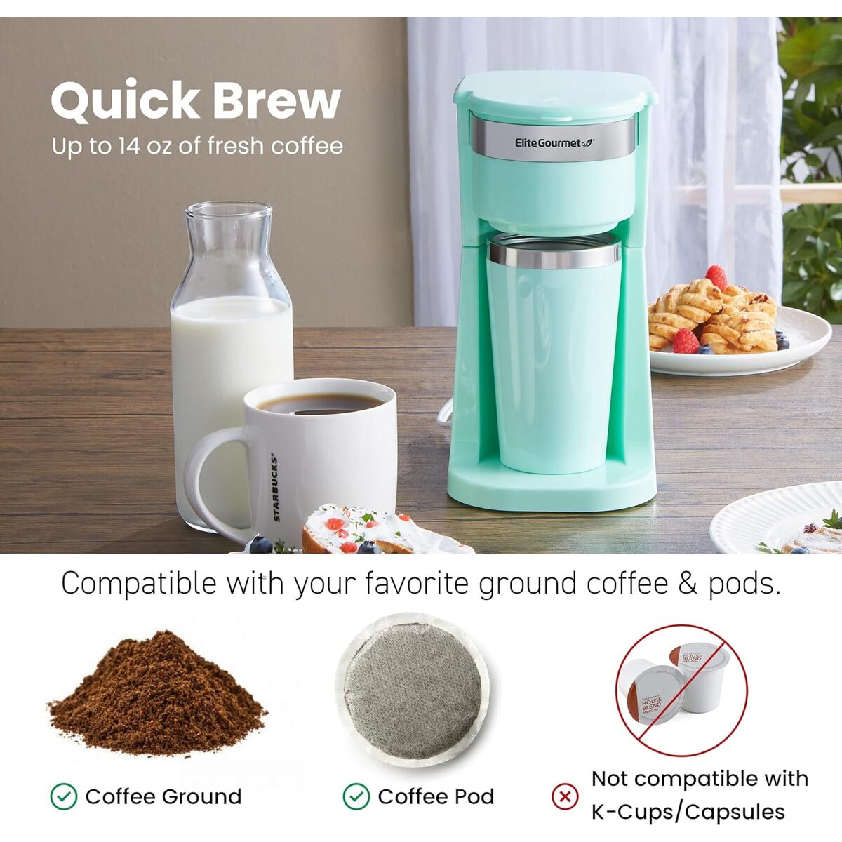 Elite Gourmet Personal Coffeemaker with Thermal Insulated Travel Mug