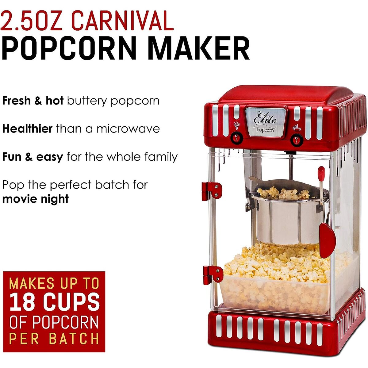 Elite Gourmet Table Top Popcorn Popper 2.5 Oz.
