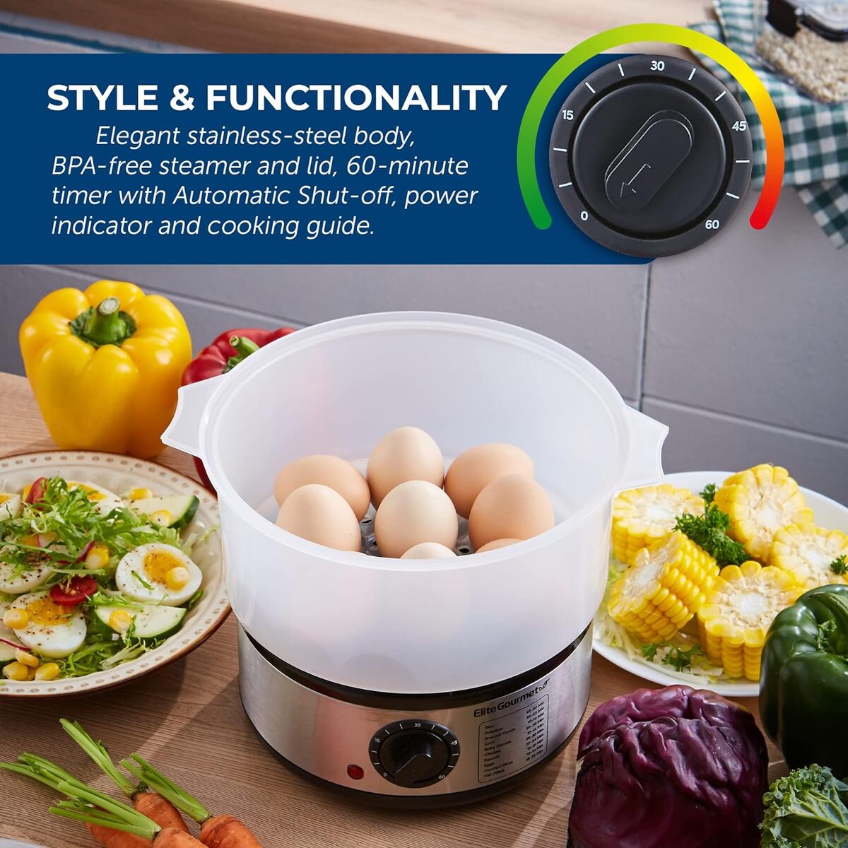 Elite Gourmet 2.5 Quart Stainless Steel 1 Tier Food Steamer