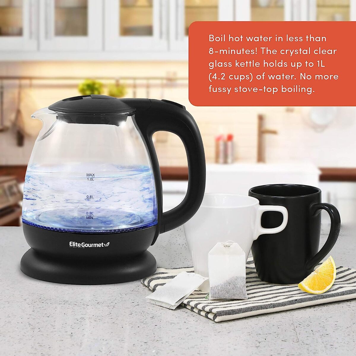 Elite Gourmet 1.0 Liter Cordless Water Kettle with Blue Light