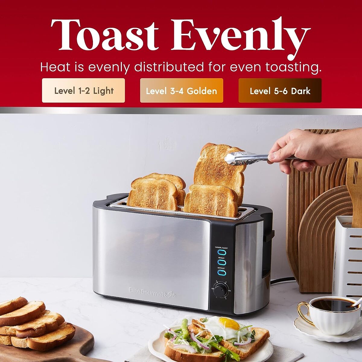 Elite Gourmet 4 Slice Long Slot Stainless Steel Toaster