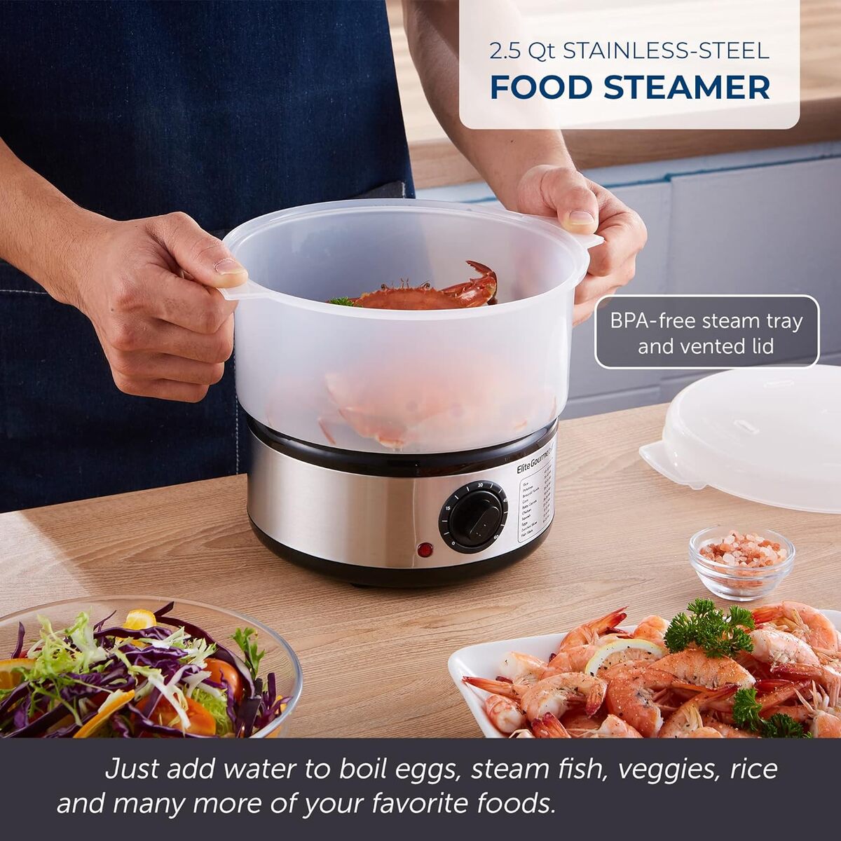 Elite Gourmet 2.5 Quart Stainless Steel 1 Tier Food Steamer