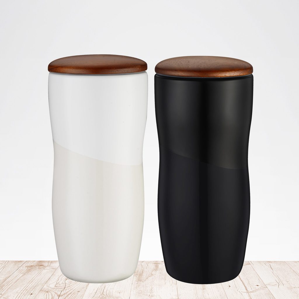 Farmington 12 oz Double Wall Ceramic Tumbler with Wood Lid