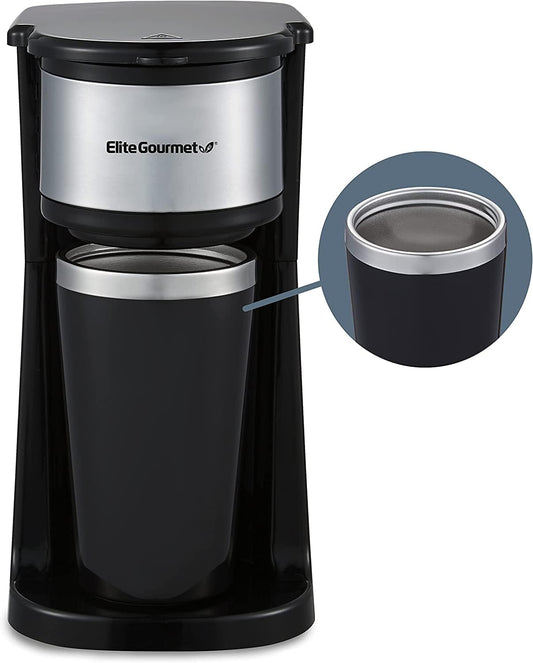 Elite Gourmet Personal Coffeemaker with Thermal Insulated Travel Mug