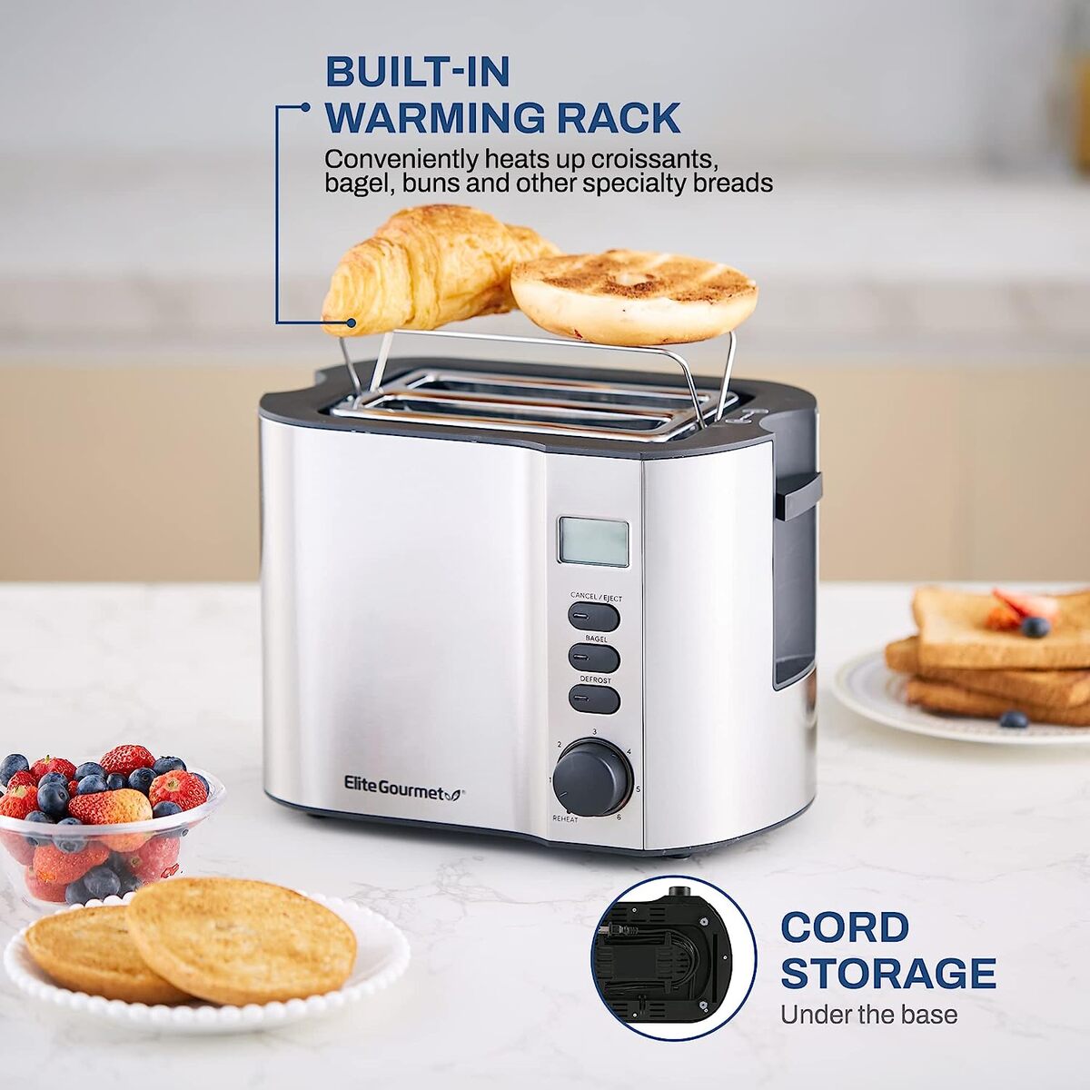 Elite Gourmet Stainless Steel 2 Slice LCD Toaster with Bagel Function