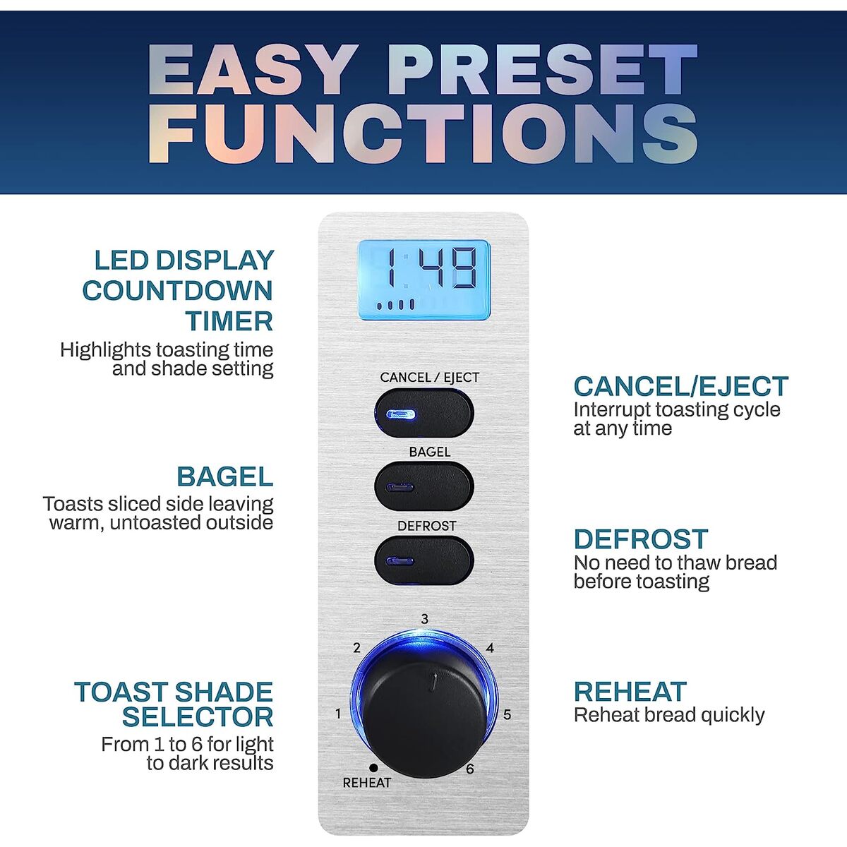 Elite Gourmet Stainless Steel 2 Slice LCD Toaster with Bagel Function