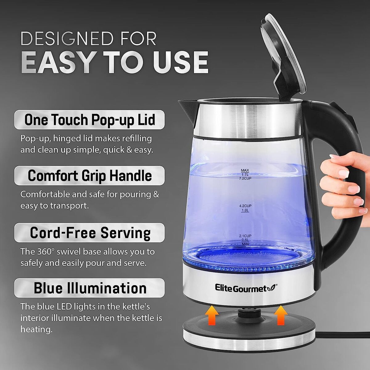 Elite Gourmet 1.7 Liter Cordless Stainless Steel Water Kettle with Blue Light