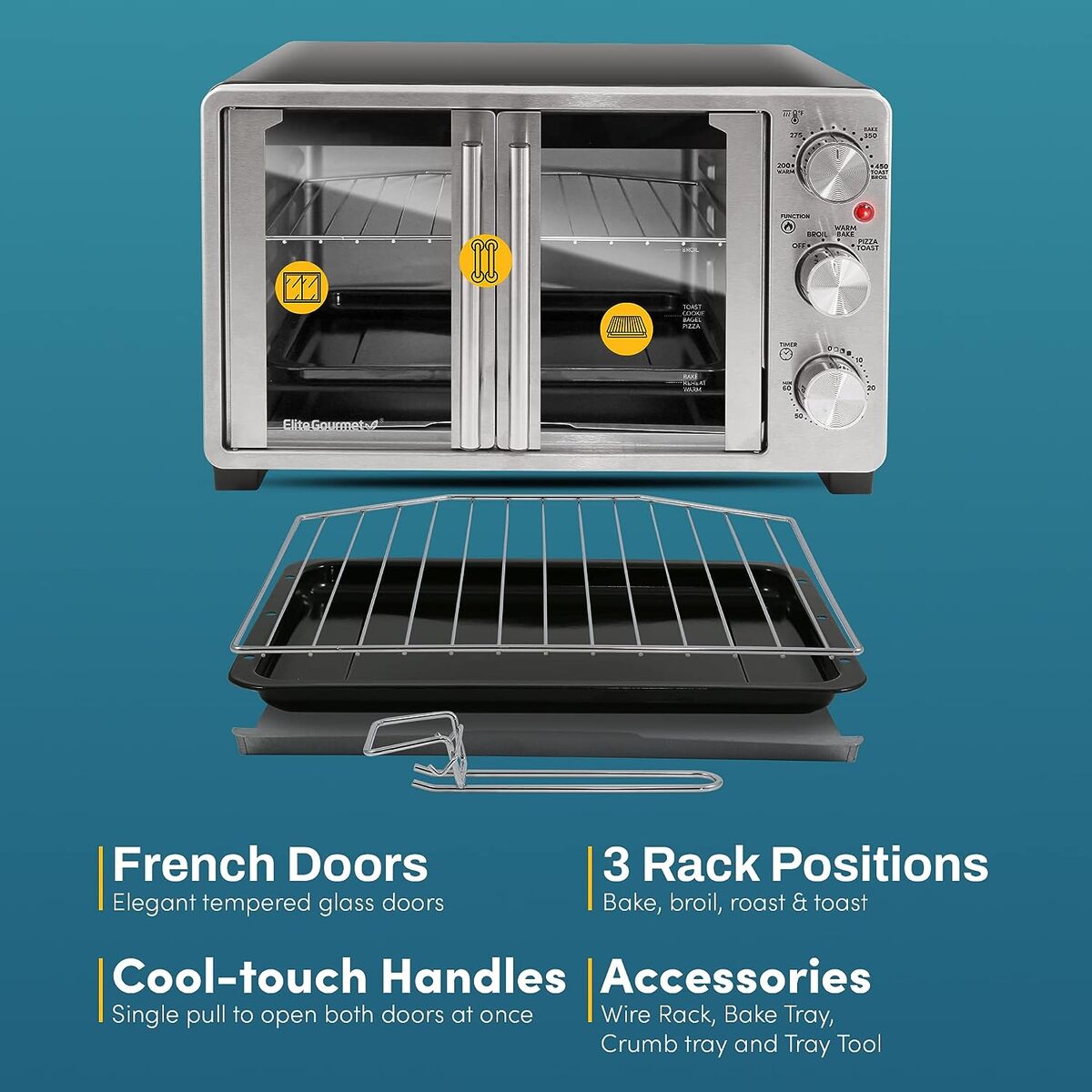 Elite Gourmet 25 Liter Stainless Steel French Door Toaster Oven