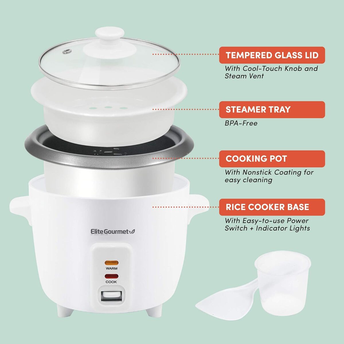 Elite Gourmet 6 Cup Nonstick Rice Cooker with Steam Tray