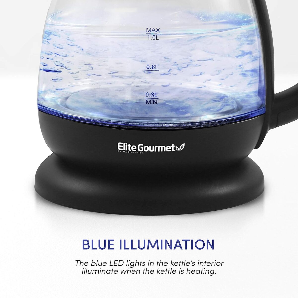 Elite Gourmet 1.0 Liter Cordless Water Kettle with Blue Light