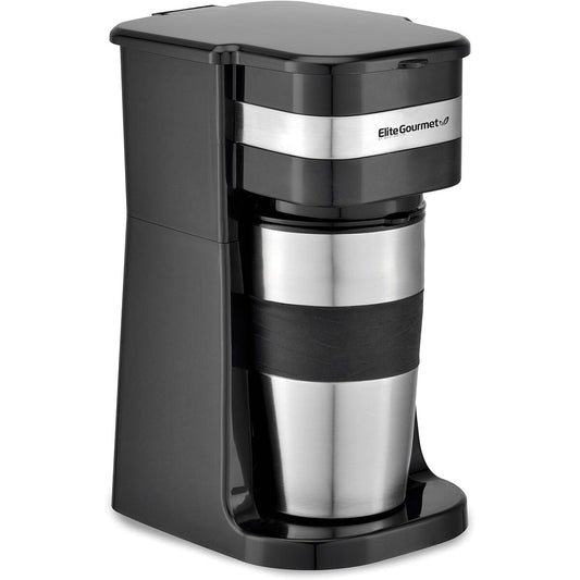 Elite Gourmet Personal Coffeemaker with Stainless Steel Thermal Insulated Travel Mug