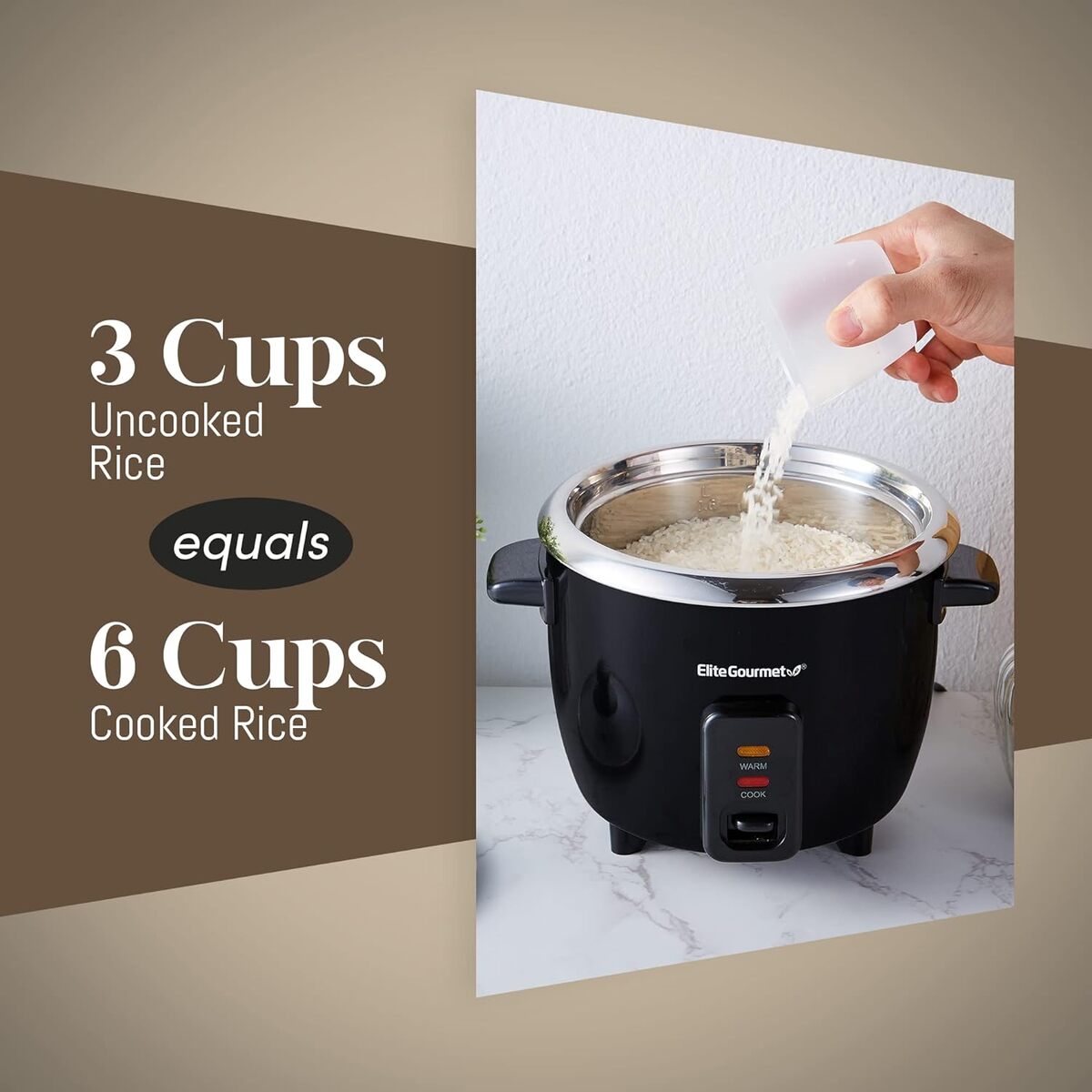Elite Gourmet 6 Cup Rice Cooker in Stainless Steel Pot