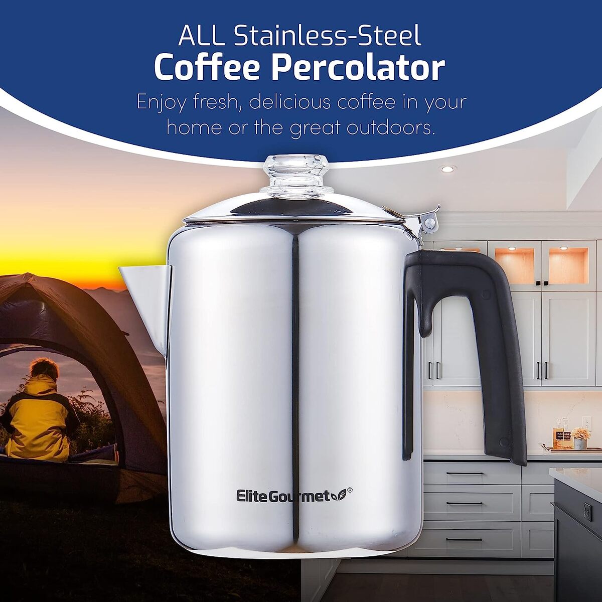 Elite Gourmet 8 Cup Non Electric Stainless Steel Percolator with Glass Knob