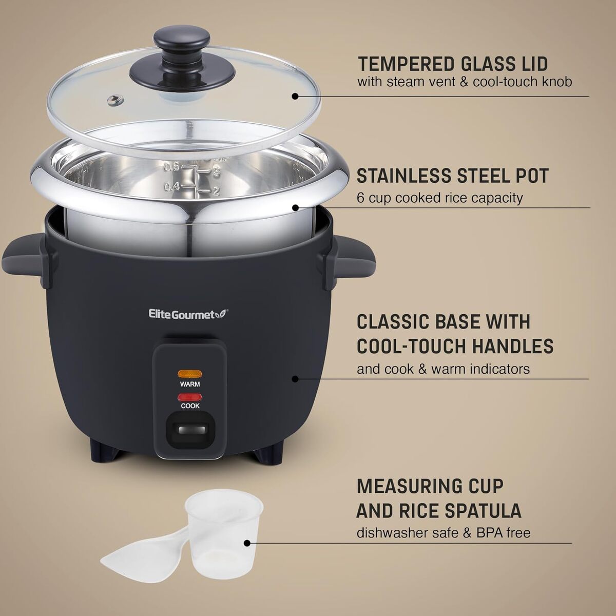 Elite Gourmet 6 Cup Rice Cooker in Stainless Steel Pot