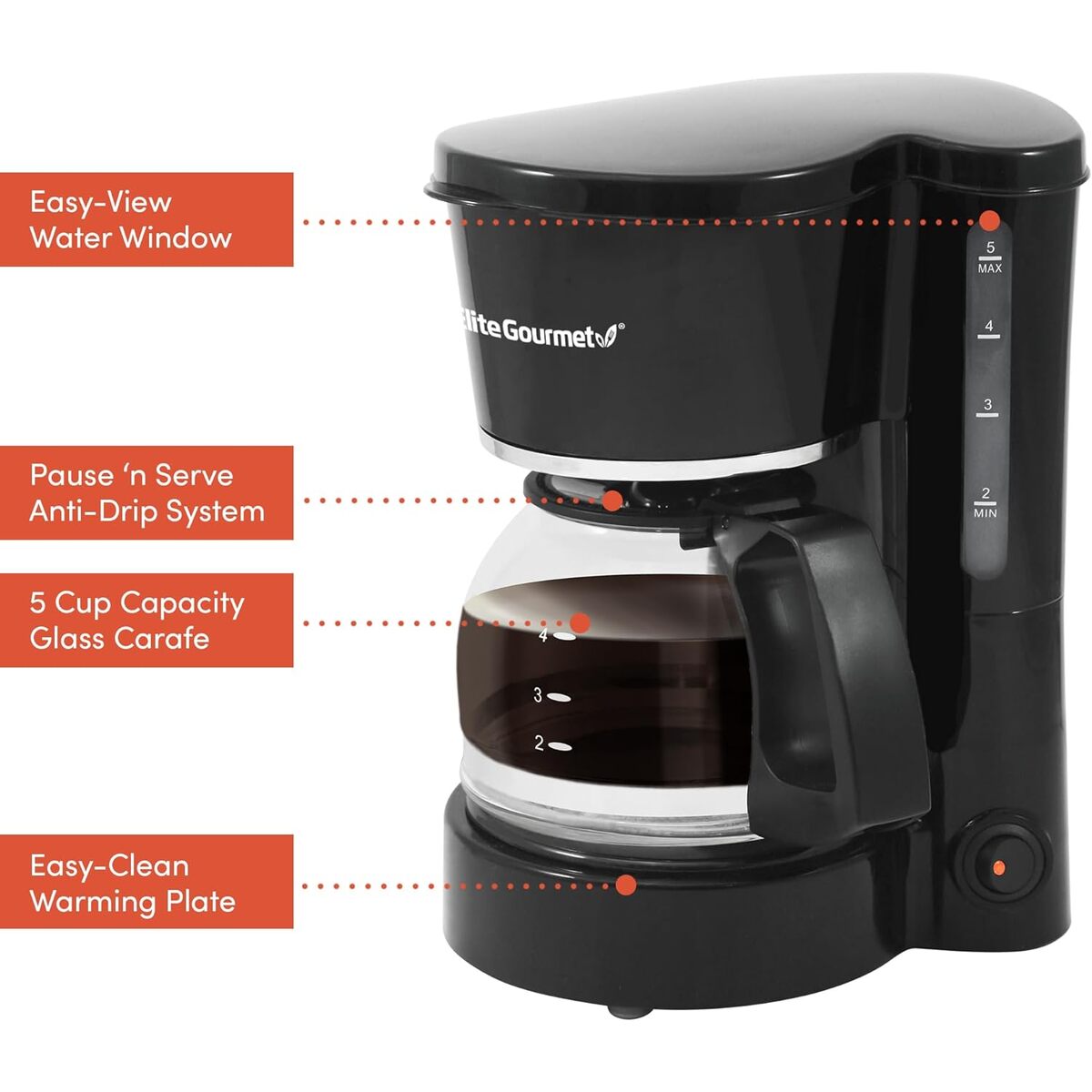 Elite Gourmet 5 cup Coffeemaker with Pause & Serve