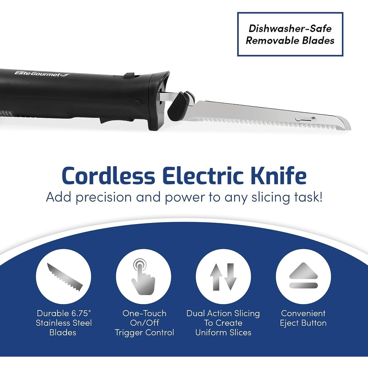 Elite Gourmet Cordless Electric Knife with 2 Sets of Blades