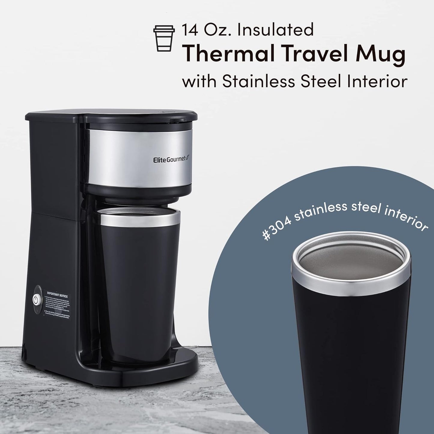 Elite Gourmet Personal Coffeemaker with Thermal Insulated Travel Mug