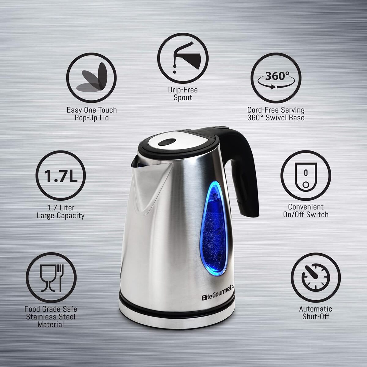 Elite Gourmet 1.7 Liter Stainless Steel Cordless Water Kettle with Blue Light