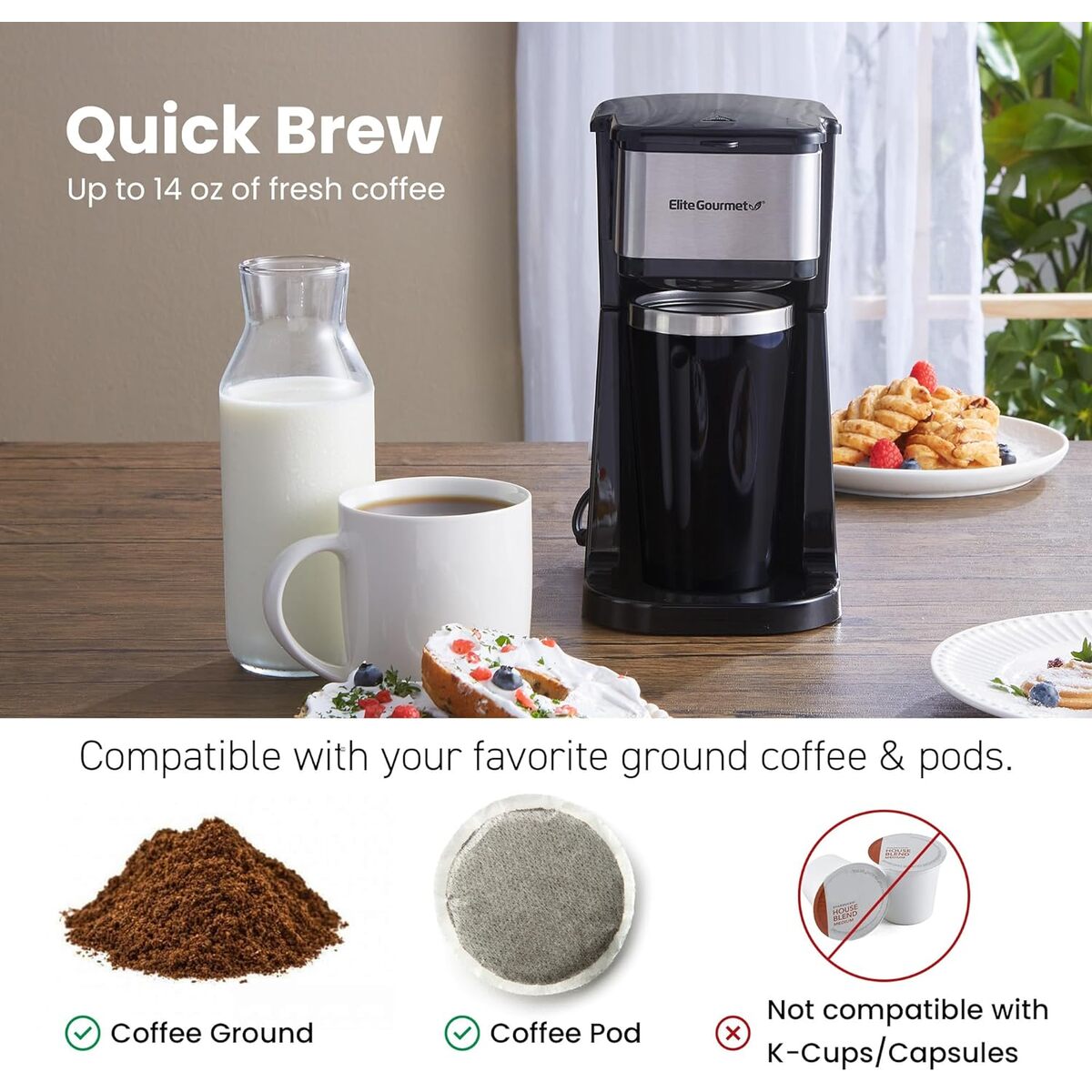 Elite Gourmet Personal Coffeemaker with Thermal Insulated Travel Mug