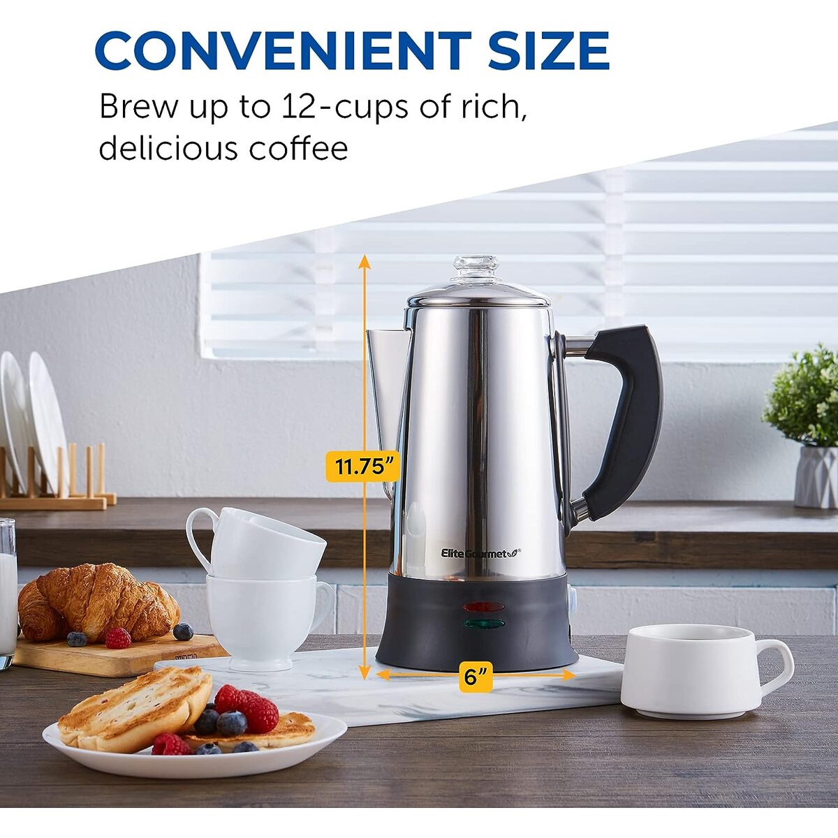 Elite Gourmet 12 Cup Stainless Steel Percolator with Glass Knob
