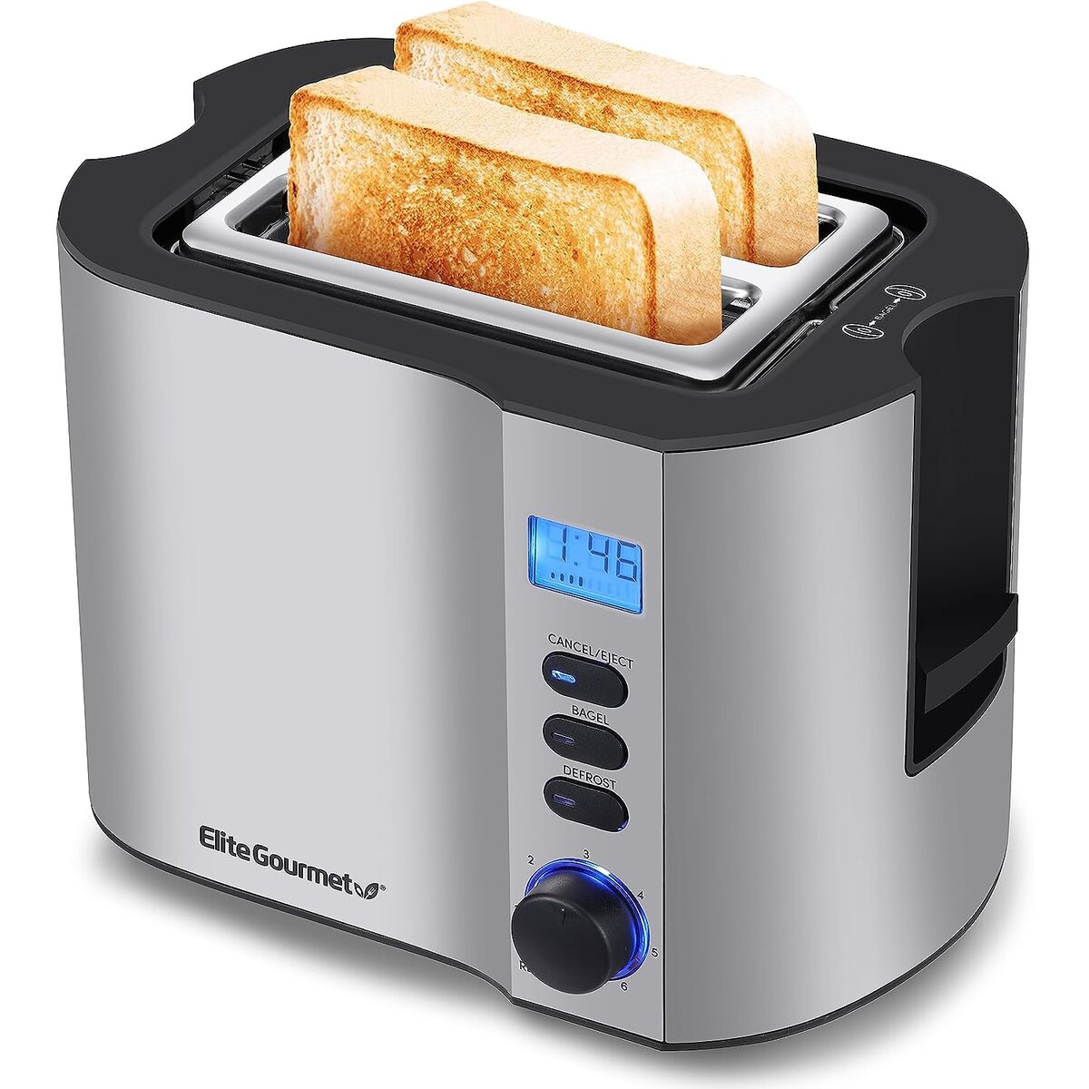 Elite Gourmet Stainless Steel 2 Slice LCD Toaster with Bagel Function