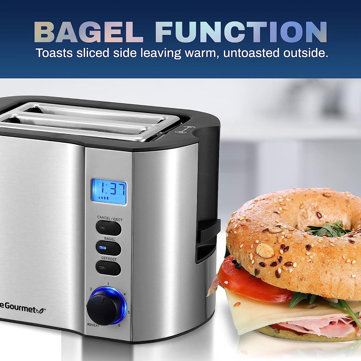 Elite Gourmet Stainless Steel 2 Slice LCD Toaster with Bagel Function