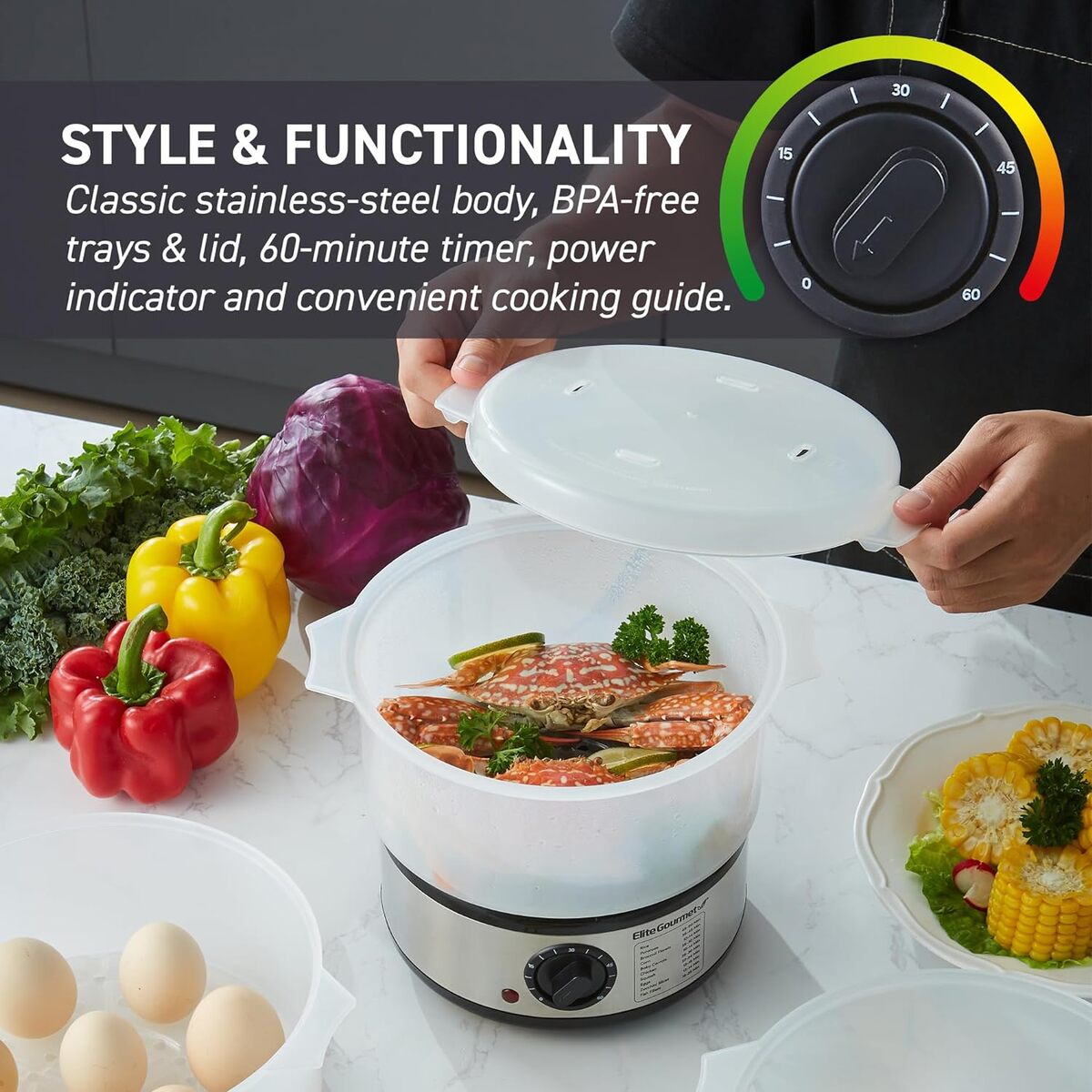 Elite Gourmet 7.5 Quart Stainless Steel 3 Tier Food Steamer
