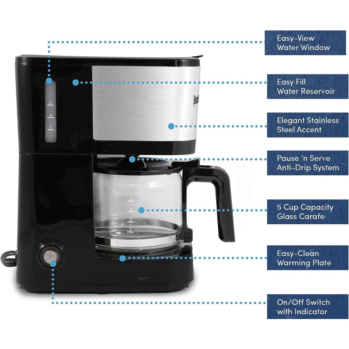 Elite Gourmet 5 Cup Stainless Steel Coffee Maker with Pause & Serve