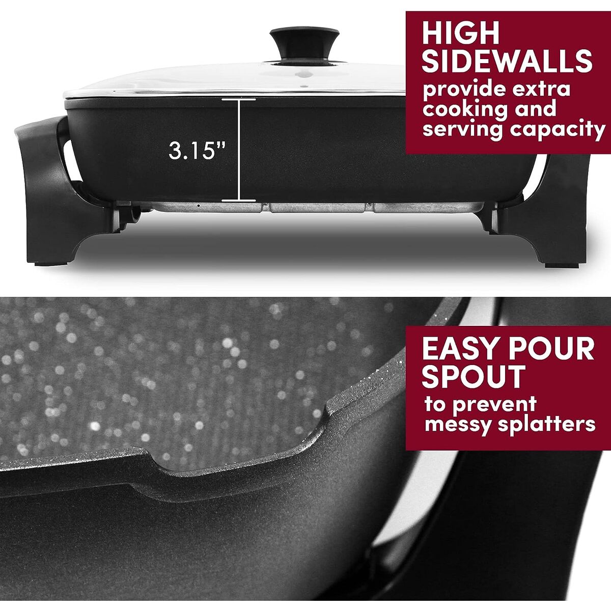 Elite Gourmet XL Electric Skillet with Glass Lit, Dishwasher Safe