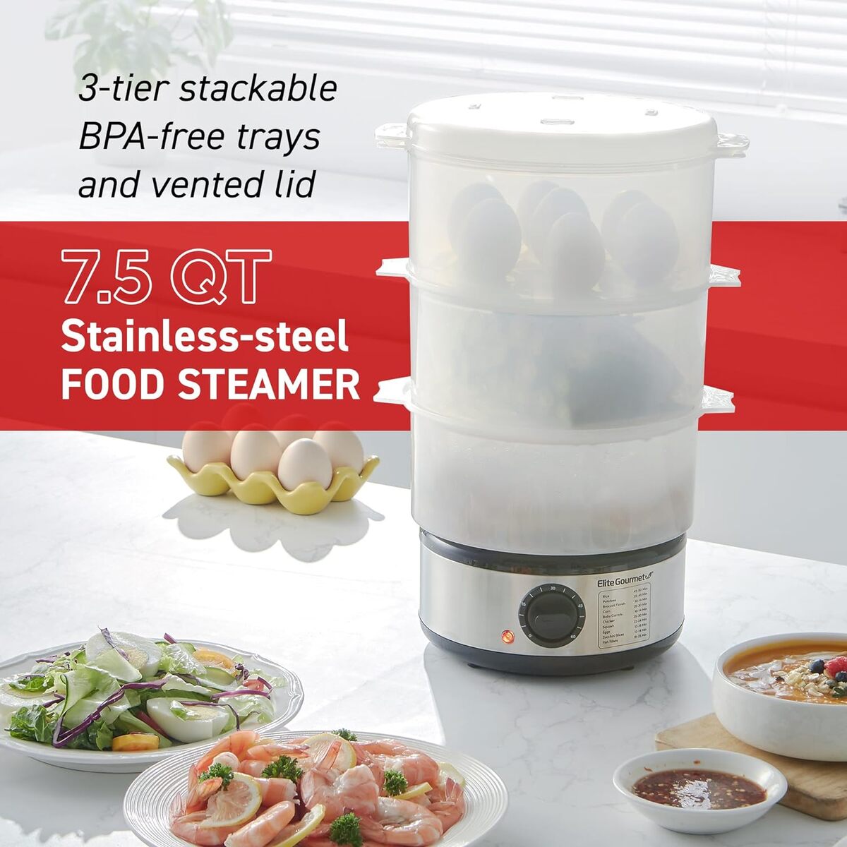 Elite Gourmet 7.5 Quart Stainless Steel 3 Tier Food Steamer