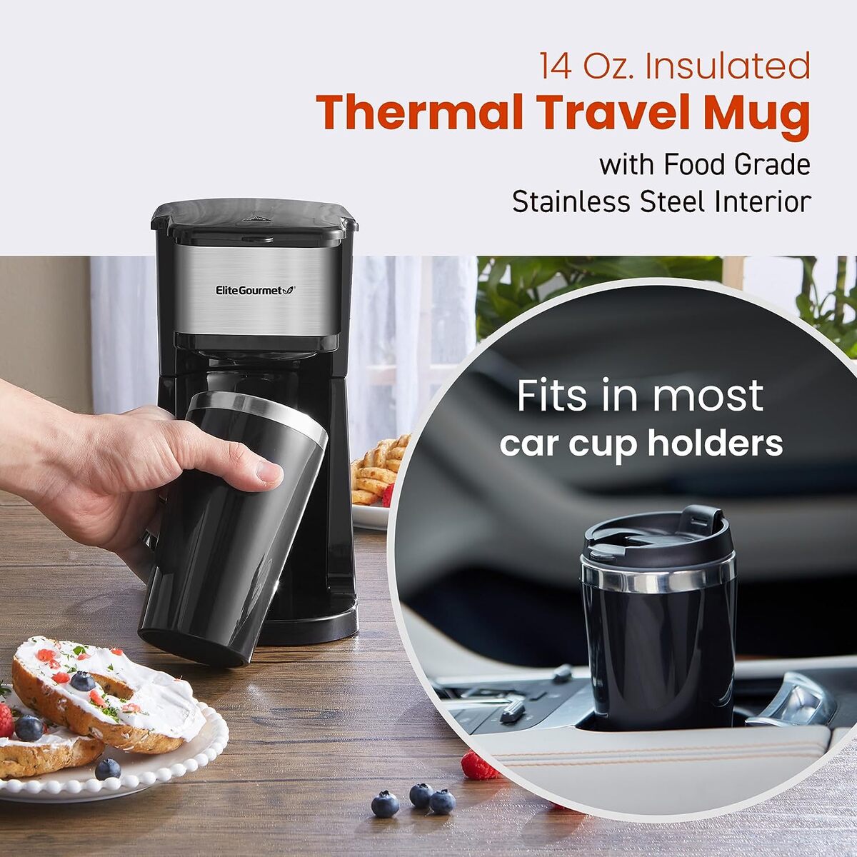 Elite Gourmet Personal Coffeemaker with Thermal Insulated Travel Mug