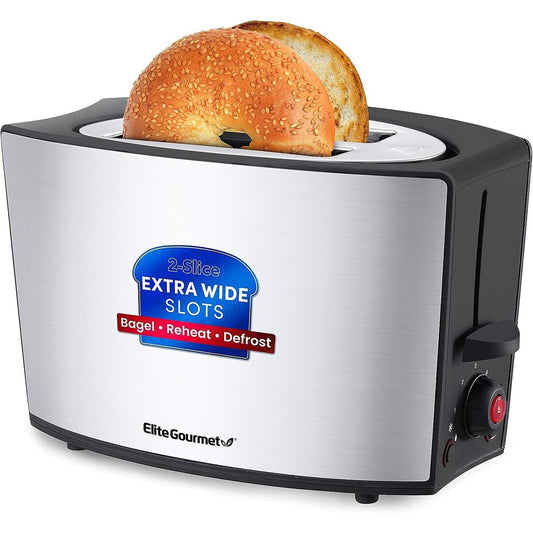 Elite Gourmet Extra Wide Slots 2 Slice Stainless Steel Toaster