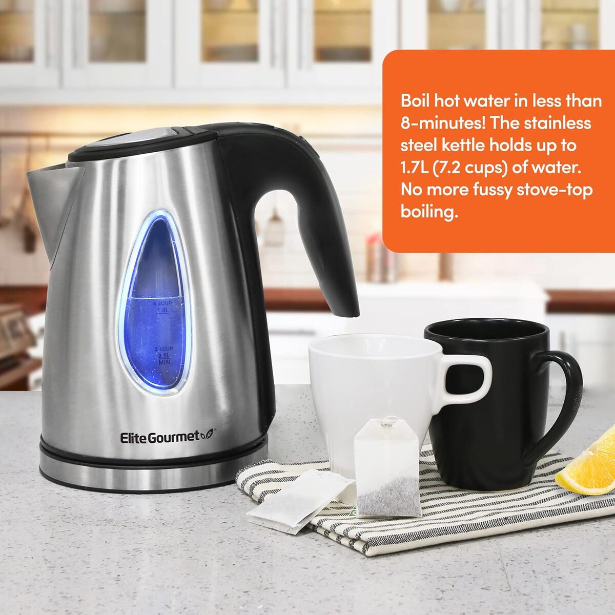 Elite Gourmet 1.7 Liter Stainless Steel Cordless Water Kettle with Blue Light