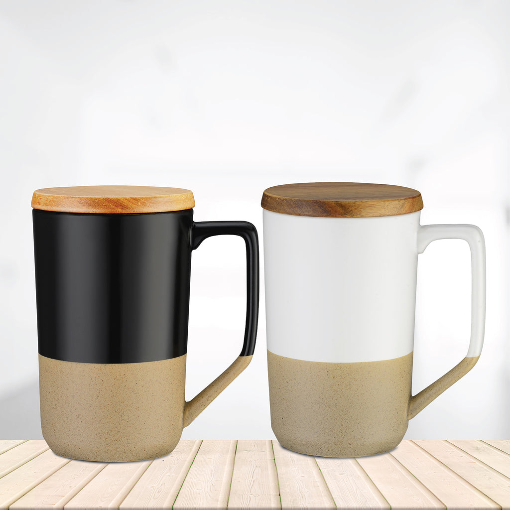 Caledon 15 oz Two Tone Tea and Coffee Ceramic Mug with Wood Lid