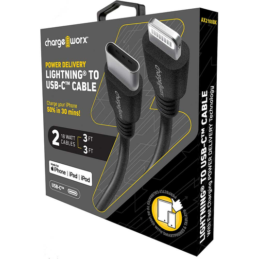 Chargeworx Power Delivery 3ft Cables Lightning to UCB-C, 2 Pack, Black