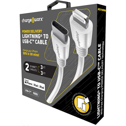Chargeworx Power Delivery 3ft Cables Lightning to UCB-C, 2 Pack, White