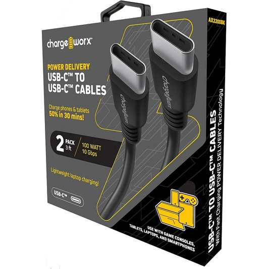 Chargeworx Power Delivery 3ft Cables UCB-C to UCB-C, 2 Pack, Black