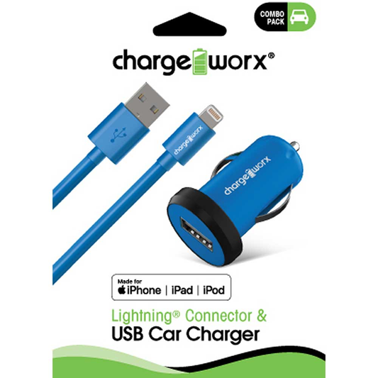 Chargeworx USB Car Charger & Sync Cable for iPhone 5/5S/5C , 6/6 Plus, Blue