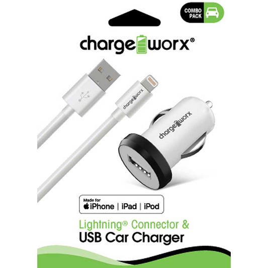 Chargeworx USB Car Charger & Sync Cable for iPhone 5/5S/5C , 6/6 Plus, White