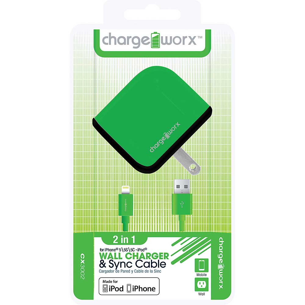 Chargeworx USB Wall Charger & Sync Cable for iPhone 5/5S/5C, 6/6Plus, Green